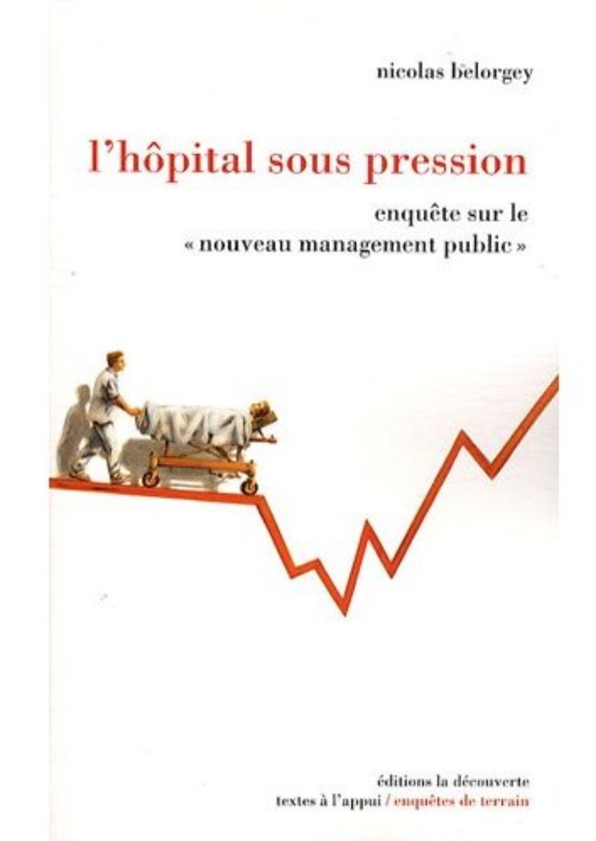 L&rsquo;h&ocirc;pital sous pression: couverture du livre, montrant un brancardier tombant dans des graphiques statistiques